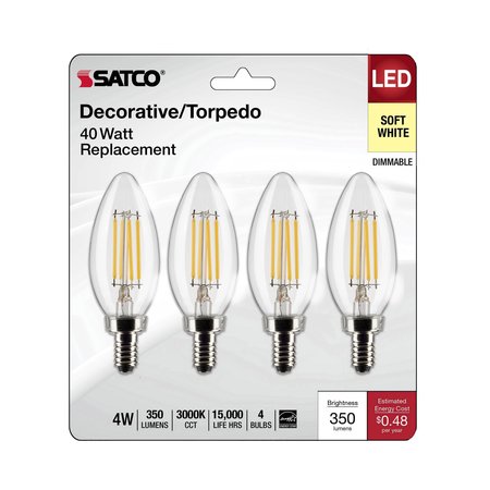 Satco 4-Watt B11 LED - Clear - Candelabra Base - 3000K - 350 Lumens - 120 Volts, 2PK S21821